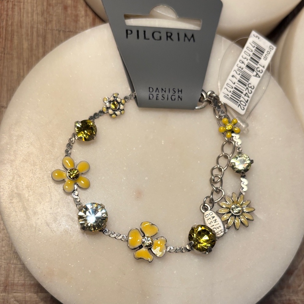 (#41) Pilgrim Yellow and Silver Floral Bracelet